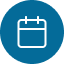 Icon of a white calendar page outline with two loops at the top, set against a solid dark blue circle.