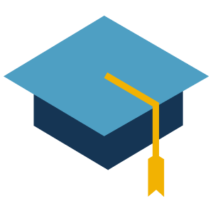 Icon of a blue graduation cap in an isometric view, with a dark blue base and a hanging yellow tassel.