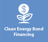 Icon showing a white plant or sprout growing out of the ground, with a dollar sign coin instead of a flower, above the text "Clean Energy Bond Financing".