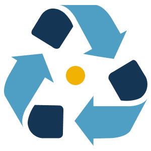 Icon of the recycling symbol (three arrows cycling clockwise) in light and dark blue, with a small yellow circle at the center.