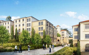 Architectural rendering of multi-story student housing buildings in a Mediterranean style, set on a slight hill with trees and landscaping, with several people walking on a central pathway.
